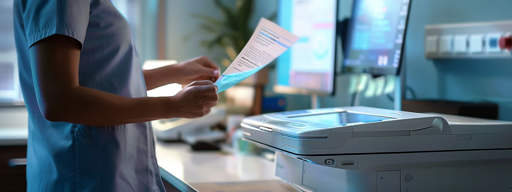 A nurse utilizes a printer to print a healthcare document, highlighting the role of fax for healthcare and communication.