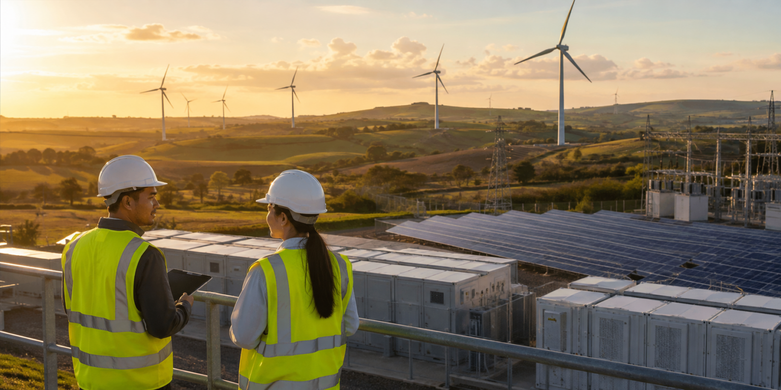 Two engineers in hard hats look over solar panels and wind turbines at an energy site